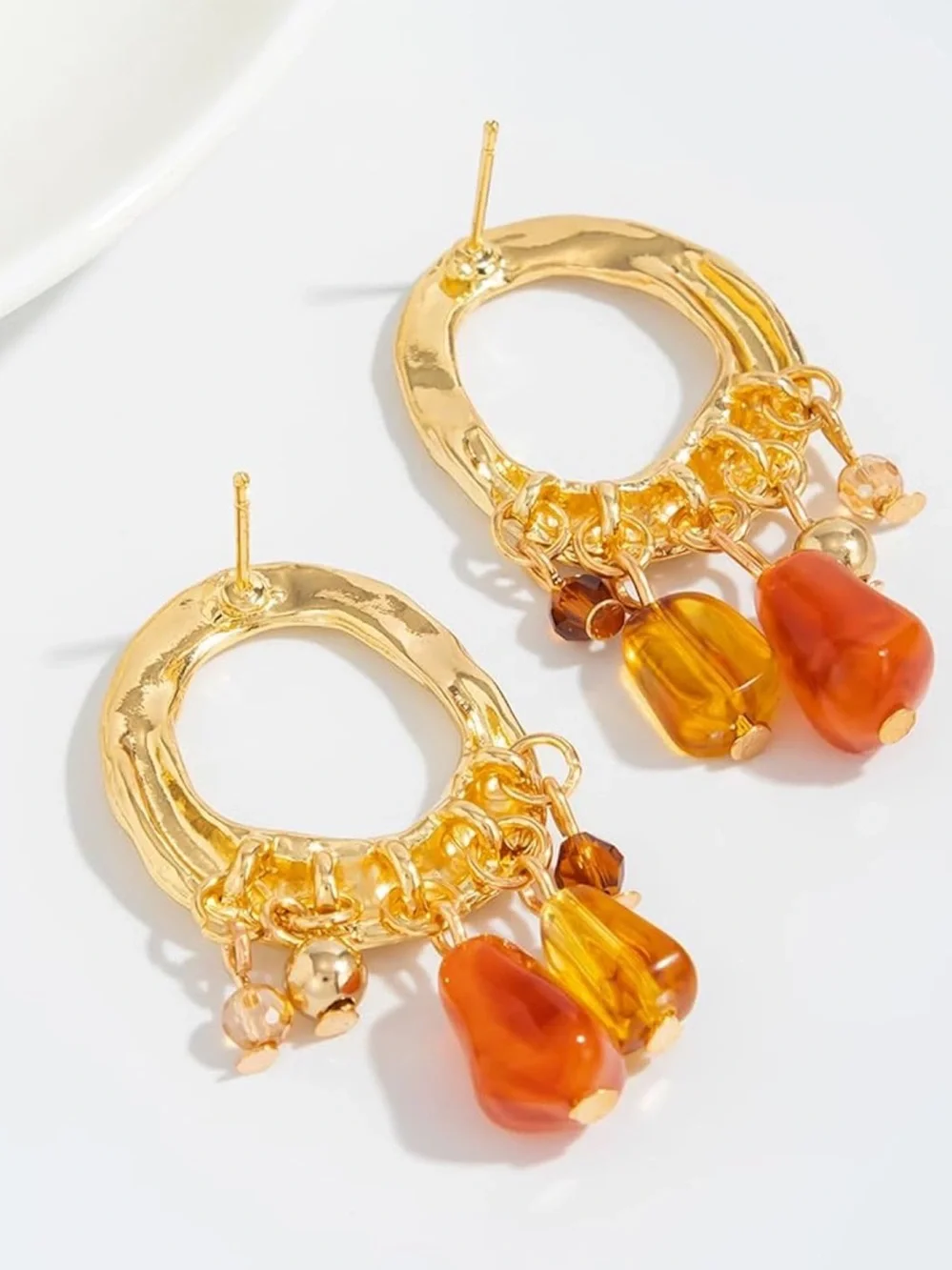 Anthropologie Gold Hoop Earrings with Amber & Orange Beads